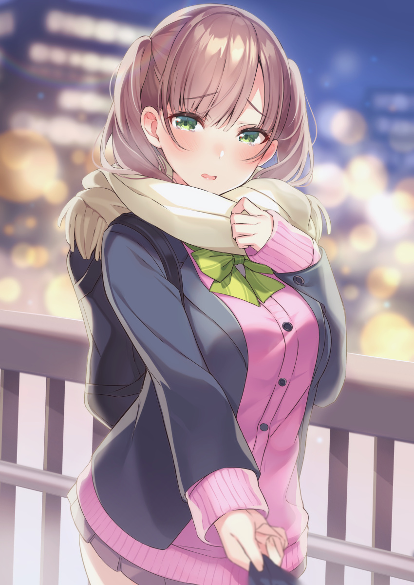 1girl absurdres bag bangs blue_jacket blurry blurry_background blush bow bowtie breasts brown_hair brown_scarf clenched_hands clothes_grab crying dot_nose dutch_angle eyebrows_visible_through_hair frown green_bow green_bowtie green_eyes hair_between_eyes highres jacket long_sleeves looking_at_viewer medium_breasts medium_hair miniskirt nose_blush open_clothes open_jacket open_mouth original out_of_frame outdoors parted_lips pink_sweater pleated_skirt railing ringozaka_mariko scarf school_bag school_uniform skirt sleeves_past_wrists standing sweater tears twintails