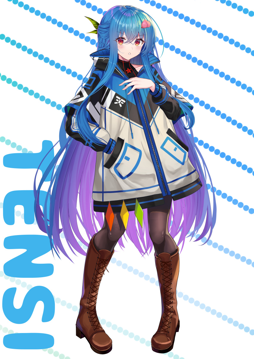 1girl absurdres afueeriru alternate_costume alternate_hair_color alternate_hair_length alternate_hairstyle bangs blue_hair boots brown_footwear brown_legwear character_name coat colored_eyelashes english_text eyebrows_visible_through_hair full_body gradient_eyes gradient_hair hair_between_eyes hair_ornament hand_in_pocket hand_on_own_chest hand_up high_heel_boots high_heels highres hinanawi_tenshi knee_boots leaf-pattern_stripe leaf_hair_ornament long_hair multicolored_eyes multicolored_hair patterned_background red_eyes shiny shiny_hair sidelocks solo standing tachi-e touhou typo very_long_hair white_background yellow_eyes