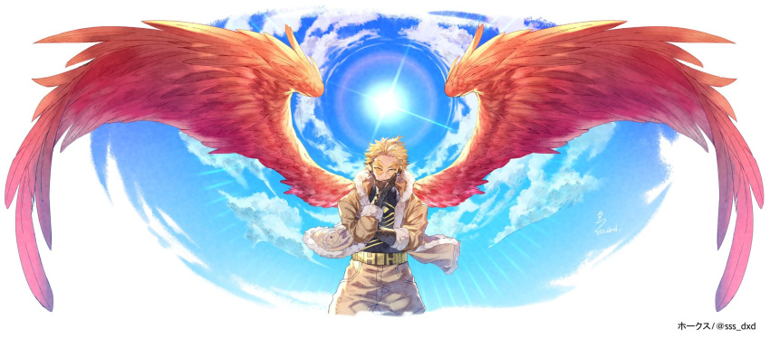 blonde_hair blue_sky boku_no_hero_academia clouds cloudy_sky costume crossed_arms eyeliner feathered_wings flying fur-trimmed_jacket fur_trim hand_on_own_face hawks_(boku_no_hero_academia) headphones highres jacket looking_at_viewer makeup messy_hair midair red_feathers rimless_eyewear sky spread_wings sss_dxd sun wings