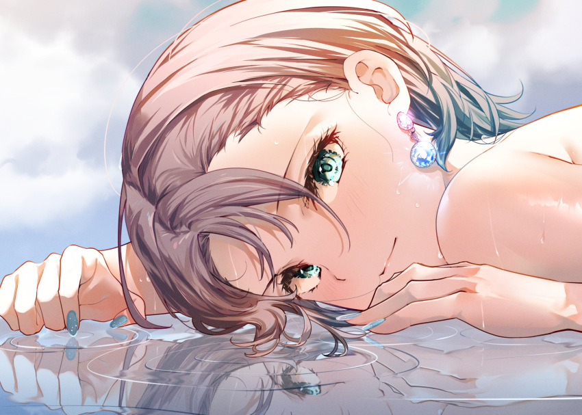 1girl absurdres aqua_nails asakura_tooru bare_shoulders brown_hair close-up clouds cloudy_sky commentary_request earrings gem gradient_hair green_eyes highres idolmaster idolmaster_shiny_colors jewelry looking_at_viewer multicolored_hair portrait puni_(punycolors) reflection short_hair sky solo water wet