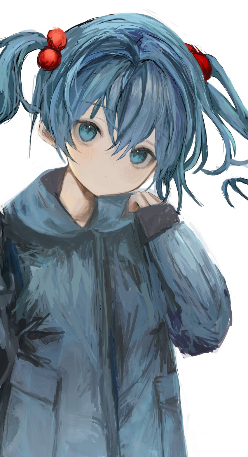 1girl absurdres alternate_costume amagi_xx blue_eyes blue_hair blue_jacket blush closed_mouth eyebrows_visible_through_hair hair_between_eyes hair_bobbles hair_ornament highres jacket kawashiro_nitori long_sleeves looking_at_viewer medium_hair simple_background solo touhou twintails upper_body white_background