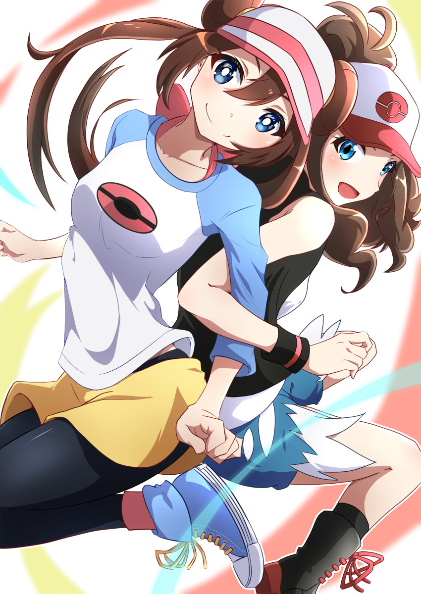 2girls arm_strap arm_under_breasts baseball_cap black_legwear black_vest blue_eyes blue_sleeves blush brown_hair commentary cutoffs denim denim_shorts double_bun dress grabbing grabbing_from_behind hair_between_eyes hat heart high_ponytail hilda_(pokemon) large_breasts long_hair looking_at_another mei_(pokemon) multiple_girls negimiso1989 open_clothes open_mouth open_vest pantyhose pokemon pokemon_(game) pokemon_bw pokemon_bw2 raglan_sleeves rosa_(pokemon) shirt short_dress shorts simple_background symbol-only_commentary thigh_strap touko_(pokemon) twintails vest visor_cap white_shirt wristband yellow_shorts yuri