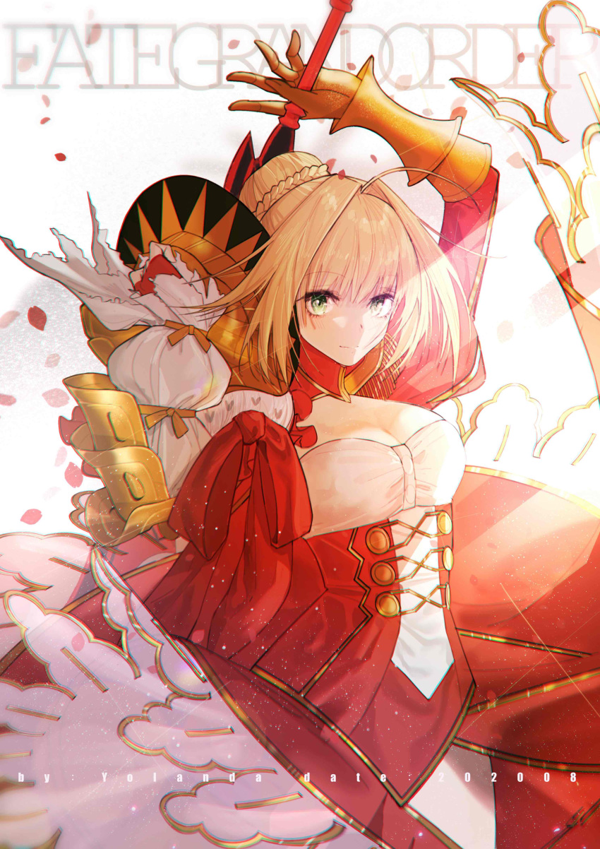 1girl aestus_estus ahoge blonde_hair braid breasts cleavage commentary_request dress epaulettes fate/extra fate_(series) french_braid green_eyes hair_intakes hair_ribbon juliet_sleeves large_breasts long_sleeves nero_claudius_(fate) nero_claudius_(fate)_(all) open_mouth puffy_sleeves red_dress red_ribbon ribbon saber_extra see-through solo wide_sleeves yolanda