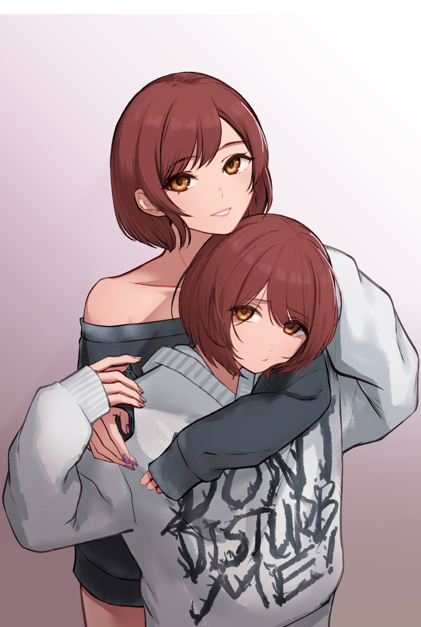 2girls absurdres beige_sweater blue_neckwear brown_eyes brown_hair collared_shirt eyebrows_visible_through_hair from_above gradient gradient_background grey_jacket hair_between_eyes hands_clasped highres idolmaster idolmaster_shiny_colors jacket looking_at_viewer multiple_girls new one_eye_closed oosaki_amana oosaki_tenka open_mouth own_hands_together plaid plaid_skirt pleated_skirt school_uniform see shirt short_hair siblings sidelocks skirt smartphone standing straight_hair striped striped_neckwear tokufumi tweetsconversationsjuno twins white_shirt