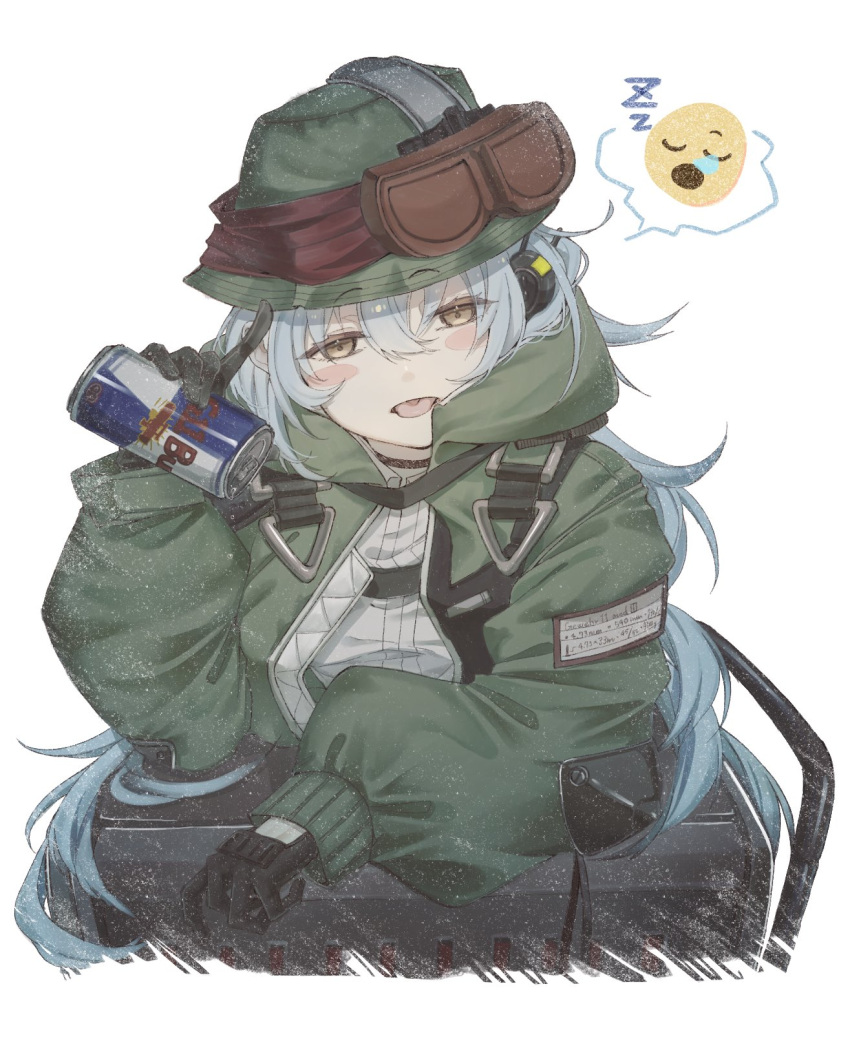 1girl black_gloves blue_hair blush_stickers can character_name commentary_request emoji empty eyebrows_visible_through_hat g11_(girls'_frontline) girls_frontline gloves goggles goggles_on_head green_jacket hair_between_eyes hat highres jacket looking_at_viewer mod3_(girls'_frontline) rabb_horn red_bull simple_background solo spoken_emoji tongue white_background yellow_eyes zzz
