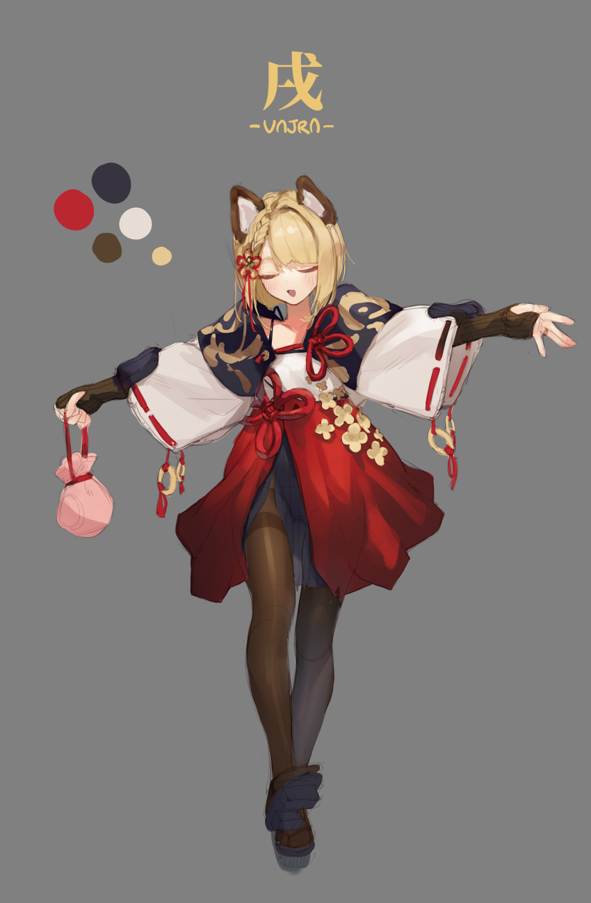 1girl :d absurdres animal_ears bag bangs blonde_hair blush braid brown_legwear character_name closed_eyes dog_ears dog_girl fingerless_gloves flower flower_knot full_body gloves granblue_fantasy grey_background hair_ornament highres holding holding_bag japanese_clothes kinchaku open_mouth pantyhose pink_bag pouch short_hair simple_background smile solo standing standing_on_one_leg swept_bangs tai_(e3d1p) vajra_(granblue_fantasy) wide_sleeves