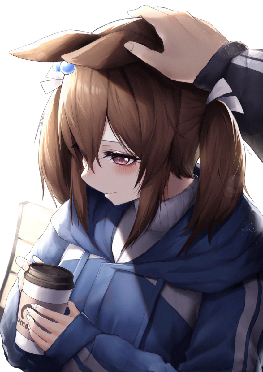 1girl 1other absurdres animal_ears backlighting blush brown_hair coffee_cup commentary_request cup disposable_cup hair_bobbles hair_ornament headpat highres hinamayo hishi_akebono_(umamusume) hood hood_down hoodie horse_ears horse_girl jacket light_smile long_sleeves looking_down pink_eyes pov pov_hands solo_focus track_jacket twintails umamusume
