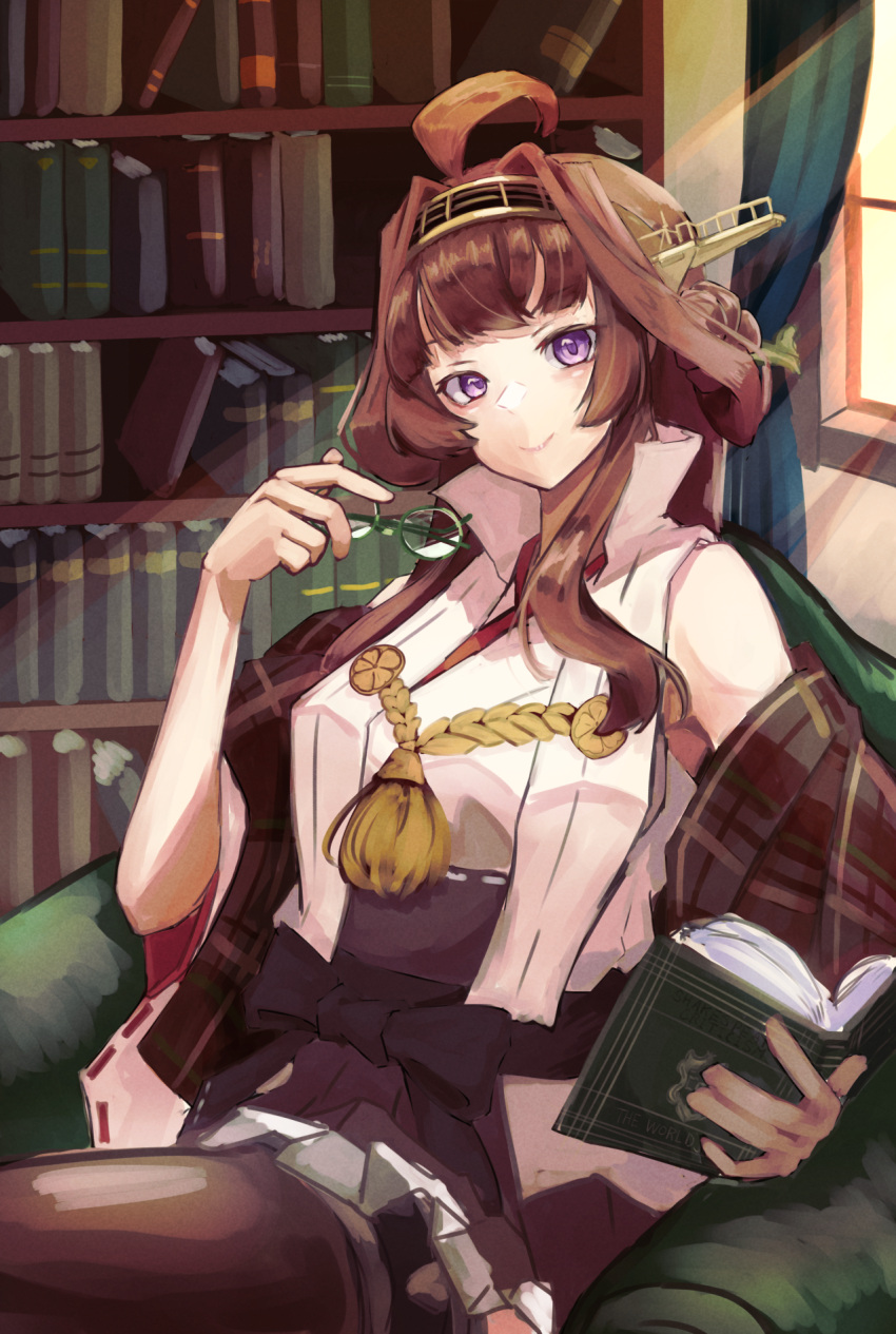 1girl ahoge black_skirt book bookshelf boots brown_hair detached_sleeves double_bun frilled_skirt frills glasses green-framed_eyewear hairband headgear highres holding holding_book holding_eyewear indoors japanese_clothes kantai_collection kongou_(kancolle) long_hair nontraditional_miko open_book panda_(heart_sink) remodel_(kantai_collection) ribbon-trimmed_sleeves ribbon_trim sash sitting skirt solo thigh-highs thigh_boots violet_eyes