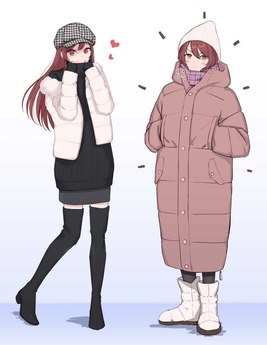 2girls =3 absurdres alternate_costume beanie black_sweater blush_stickers boots cabbie_hat doyagao full_body hat heart heart_print highres idolmaster idolmaster_shiny_colors jacket jacket_partially_removed looking_at_viewer multiple_girls oosaki_amana oosaki_tenka padded_coat padded_jacket plaid plaid_scarf scarf siblings simple_background sisters sjuno smug straight_hair striped striped_sweater sweater thigh-highs thigh_boots twins v-shaped_eyebrows