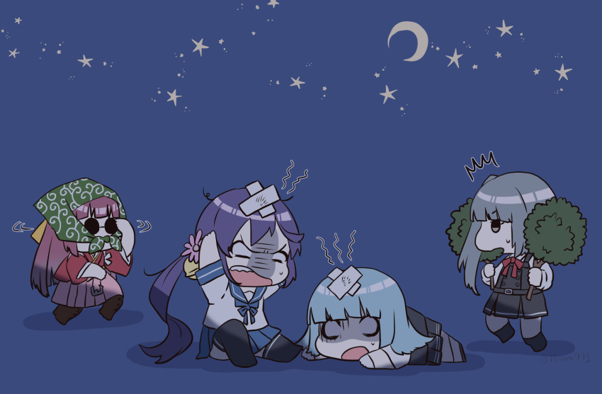 4girls akebono_(kancolle) bell black_legwear blue_hair blue_skirt bow crescent_moon dress flower grey_hair hair_bow hair_flower hair_ornament hakama hakama_skirt hatsukaze_(kancolle) highres japanese_clothes jingle_bell kamikaze_(kancolle) kantai_collection kasumi_(kancolle) kimono long_hair long_sleeves meiji_schoolgirl_uniform moon multiple_girls nami_nami_(belphegor-5812) neck_ribbon night pinafore_dress pink_hakama pleated_skirt purple_hair red_kimono red_ribbon remodel_(kantai_collection) ribbon school_uniform serafuku short_sleeves side_ponytail skirt sleeveless sleeveless_dress star_(sky) thigh-highs very_long_hair white_hair yellow_bow