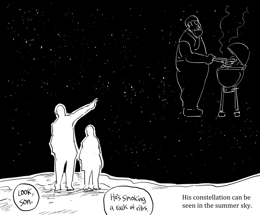 2boys barbecue bb_(baalbuddy) commentary constellation english_commentary english_text father_and_son greyscale grill highres male_focus monochrome multiple_boys orc original parody sky star_(sky) starry_sky tusks