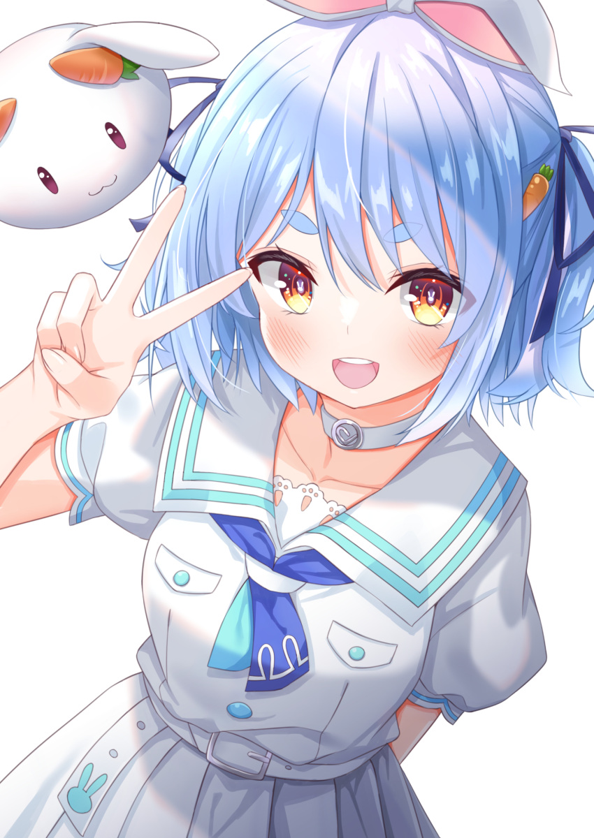 1girl :d arm_behind_back bangs blue_hair blue_neckerchief blue_ribbon blush bunny-shaped_pupils carrot_hair_ornament choker commentary_request divergenceok eyebrows_visible_through_hair food-themed_hair_ornament hair_ornament hair_ribbon highres hololive looking_at_viewer neckerchief nousagi_(usada_pekora) pleated_skirt puffy_short_sleeves puffy_sleeves red_eyes ribbon sailor_collar shirt short_eyebrows short_hair short_sleeves simple_background skirt smile solo symbol-shaped_pupils teeth thick_eyebrows upper_teeth usada_pekora v virtual_youtuber w white_choker white_sailor_collar white_shirt white_skirt