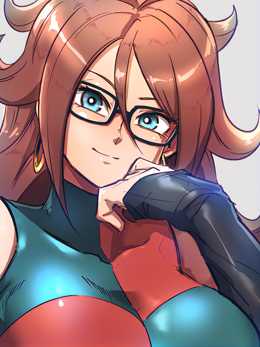 1girl absurdres android_21 black_gloves blue_dress blue_eyes breasts checkered_clothes checkered_dress close-up dragon_ball dragon_ball_fighterz dress earrings elbow_gloves face glasses gloves grey_background hand_on_own_cheek hand_on_own_face head_tilt highres hoop_earrings jewelry kemachiku large_breasts light_smile long_hair looking_at_viewer red_dress redhead simple_background single_glove sleeveless sleeveless_dress smile solo source_request spiky_hair two-tone_dress upper_body