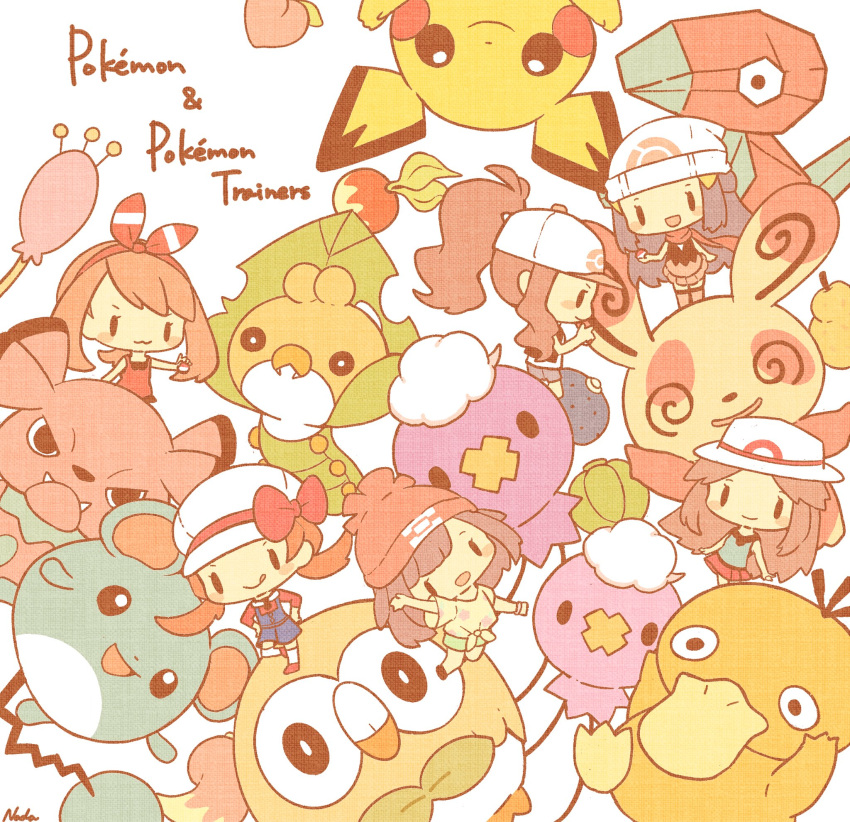 6+girls :3 :q bangs berry_(pokemon) blue_hair bow brown_hair chibi commentary_request copyright_name dress drifloon front-tie_top hands_on_hips hat hat_bow highres hikari_(pokemon) hilda_(pokemon) holding holding_poke_ball leaf_(pokemon) long_hair lyra_(pokemon) marill may_(pokemon) multiple_girls nada_namie open_mouth pichu poke_ball pokemon pokemon_(creature) pokemon_(game) pokemon_bw pokemon_dppt pokemon_frlg pokemon_hgss pokemon_oras pokemon_sm ponytail porygon psyduck red_bow red_headwear red_scarf rowlet scarf selene_(pokemon) sewaddle shorts sidelocks signature simple_background skitty smile snubbull spinda tongue tongue_out white_background white_headwear