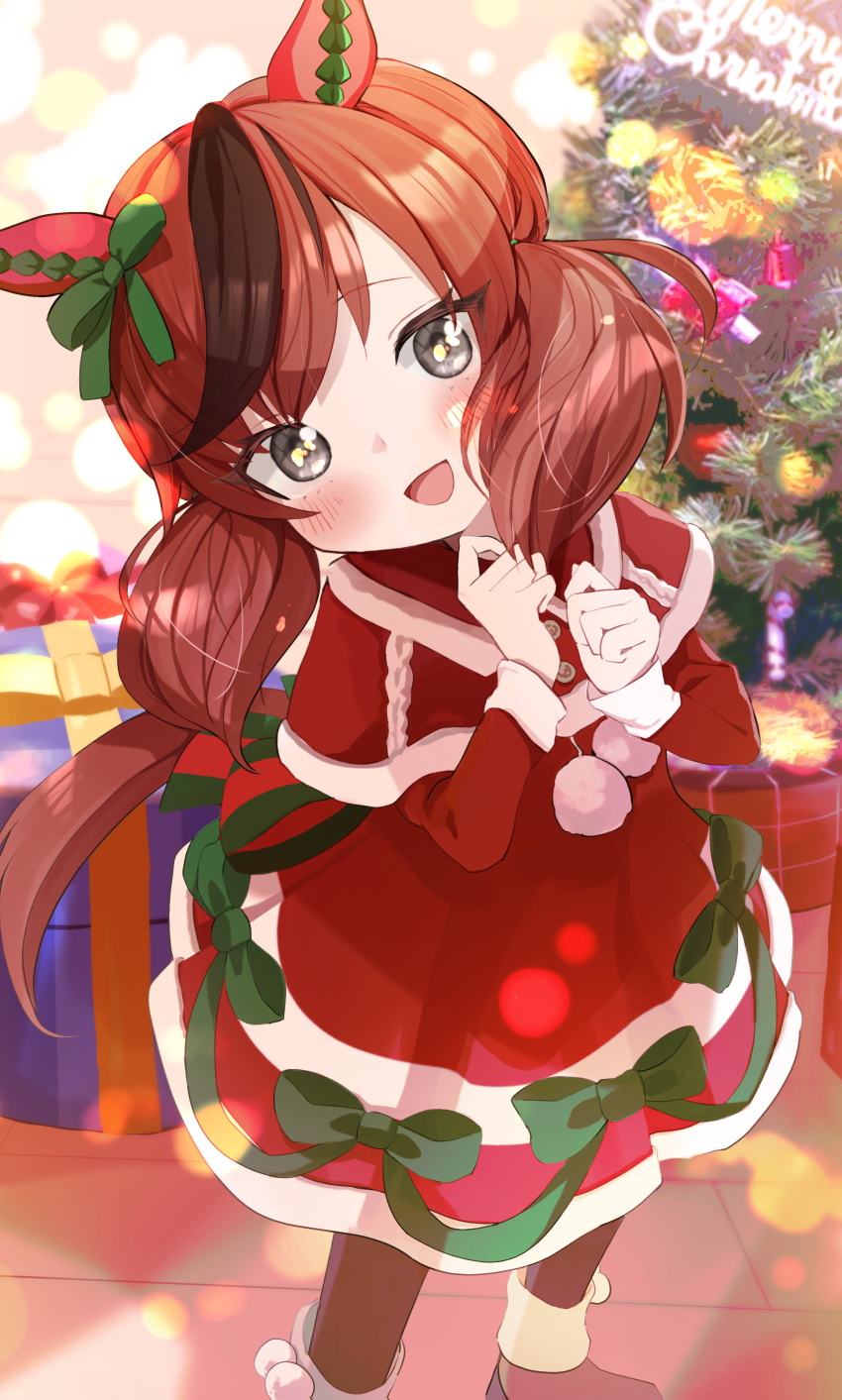 1girl :d absurdres animal_ears bangs black_legwear blush boots bow box brown_hair capelet christmas christmas_ornaments christmas_tree dress eyebrows_visible_through_hair gift gift_box green_bow grey_eyes hands_up head_tilt highres horse_ears horse_girl horse_tail indoors ktgrtos long_sleeves looking_at_viewer merry_christmas multicolored_hair nice_nature_(umamusume) pantyhose red_capelet red_dress red_footwear santa_costume smile solo standing streaked_hair swept_bangs tail twintails umamusume wooden_floor