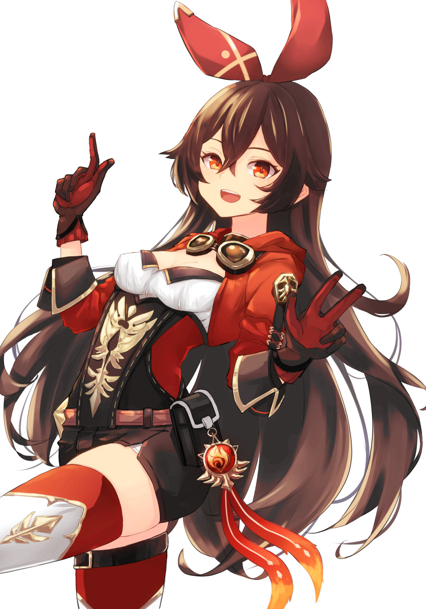 1girl amber_(genshin_impact) bangs boots breasts brown_hair brown_shorts crossed_bangs genshin_impact gloves goggles goggles_around_neck hair_ornament hands_up highres long_hair looking_at_viewer open_mouth red_eyes short_shorts shorts simple_background small_breasts smile solo thigh-highs thigh_boots thighs tokoi vision_(genshin_impact) white_background white_footwear
