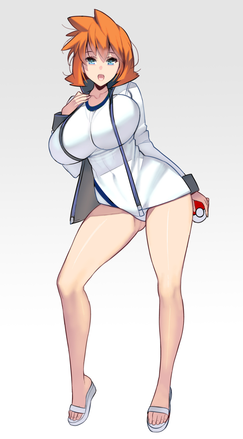 1girl abs absurdres blue_eyes breasts cowboy_shot game_freak highres holding holding_poke_ball huge_breasts jacket large_breasts legs masao misty_(pokemon) nintendo one-piece_swimsuit open_clothes open_jacket open_mouth orange_hair poke_ball pokemon pokemon_(game) pokemon_hgss sandals simple_background smile solo spread_legs standing swimsuit thighs