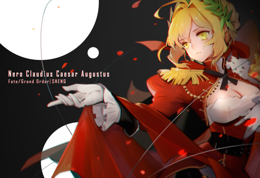 1girl aestus_estus ahoge blonde_hair braid breasts cleavage commentary_request dress epaulettes fate/extra fate_(series) french_braid green_eyes hair_intakes hair_ribbon juliet_sleeves large_breasts long_sleeves nero_claudius_(fate) nero_claudius_(fate)_(all) open_mouth puffy_sleeves red_dress red_ribbon ribbon saber_extra see-through shenq solo wide_sleeves