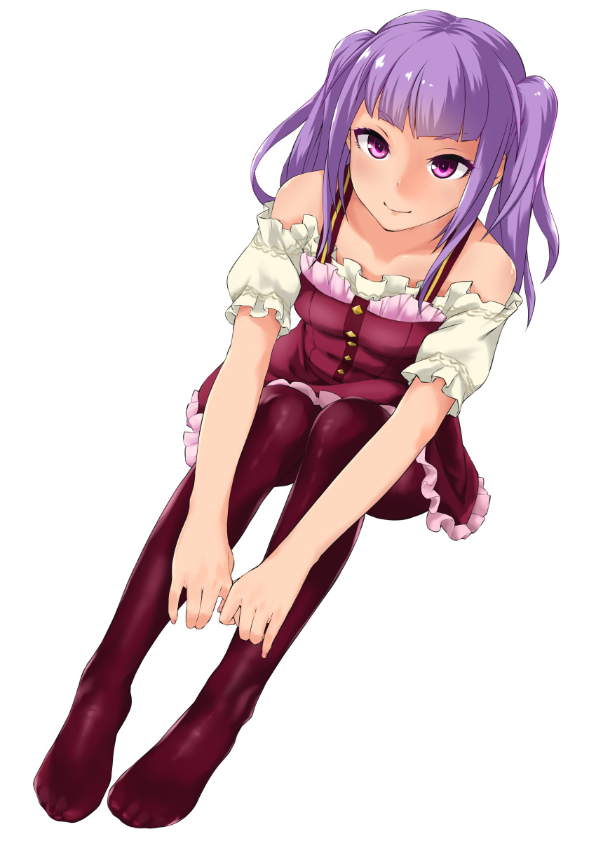 1girl absurdres alice_gear_aegis bangs bare_shoulders breasts closed_mouth dress feet frilled_dress frilled_sleeves frills fukuinu full_body highres hugging_own_legs ichijou_ayaka legs long_hair looking_at_viewer pantyhose purple_dress purple_hair purple_legwear short_sleeves simple_background sitting small_breasts smile solo twintails violet_eyes white_background