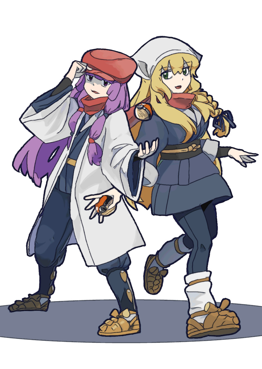 2girls adjusting_clothes adjusting_headwear bangs blonde_hair blue_coat blue_pants blue_ribbon braid coat commentary_request cookie_(touhou) eyebrows_visible_through_hair full_body green_eyes hair_ribbon head_scarf highres holding holding_poke_ball kirisame_marisa layered_clothing leftame long_hair looking_at_viewer mars_(cookie) multiple_girls open_mouth pants patchouli_knowledge poke_ball pokemon purple_hair red_headwear red_scarf ribbon sandals scarf side_braid simple_background single_braid smile socks taisa_(cookie) touhou transparent_background violet_eyes white_coat white_legwear wide_sleeves