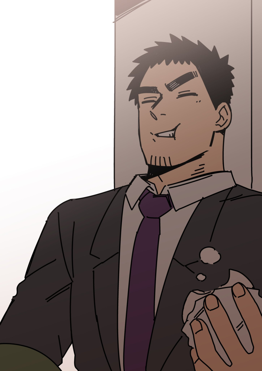 1boy bite_mark black_hair cheek_bulge collared_shirt eating facial_hair flat_color food_request formal goatee grey_suit highres male_focus mature_male necktie purple_necktie raised_eyebrows salaryman senpai_ga_uzai_kouhai_no_hanashi shiromanta shirt short_hair solo stubble takeda_harumi_(shiromanta) thick_eyebrows upper_body white_shirt