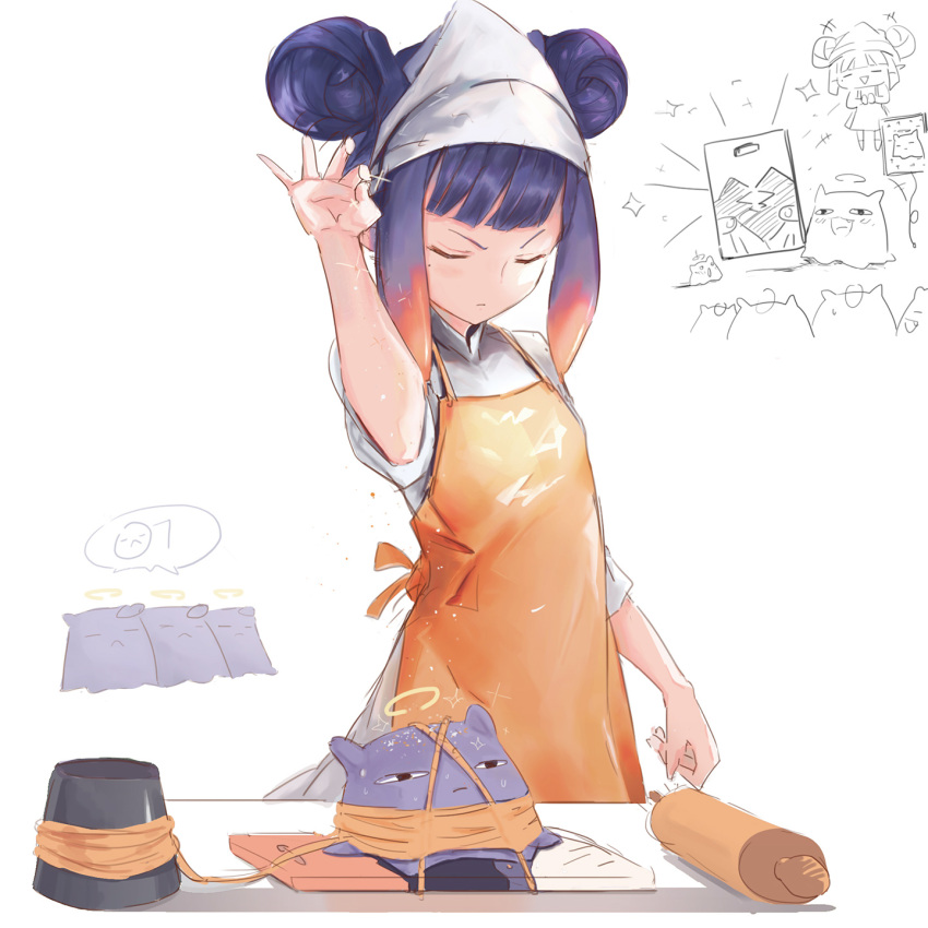 1girl apron bangs closed_eyes closed_mouth cooking double_bun hair_up halo hand_up highres hololive hololive_english kitchen long_hair long_sleeves meme multicolored_hair ninomae_ina'nis open_mouth orange_apron pointy_ears purple_hair rope salt salt_bae_(meme) sleeves_pushed_up smile tako_(ninomae_ina'nis) tallgeese_(lgeesel) tentacle_hair virtual_youtuber white_background white_headwear