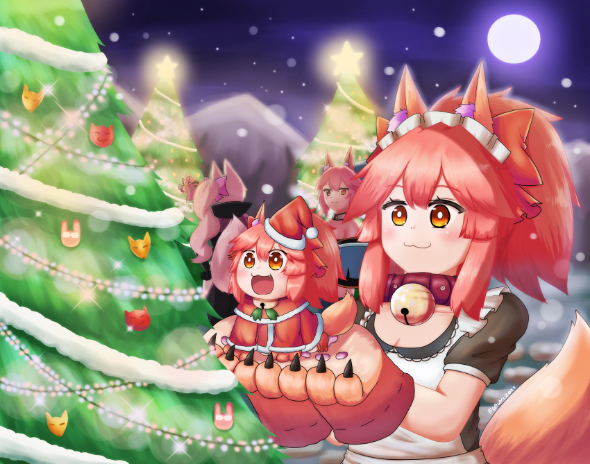 5girls animal_ear_fluff animal_ears animal_hands bell black_bodysuit blue_bow blue_kimono bodysuit bow breasts candy candy_cane cat_paws christmas christmas_ornaments christmas_tree collar eyebrows_visible_through_hair fate/grand_order fate_(series) food fox_ears fox_girl fox_tail full_moon gift gloves hair_ribbon hat highres japanese_clothes jingle_bell keita_naruzawa kimono koyanskaya_(fate) merry_christmas minigirl moon mountain multiple_girls multiple_persona neck_bell open_mouth paw_gloves paw_shoes pink_bow pink_hair pink_ribbon red_ribbon ribbon santa_costume santa_hat side_ponytail snow snowing tail tamamo_(fate) tamamo_cat_(fate) tamamo_no_mae_(fate/extra) yellow_eyes