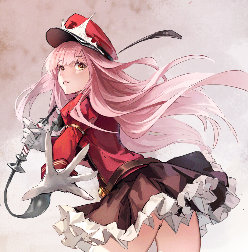 1girl absurdres bangs belt coat eyebrows_behind_hair eyebrows_visible_through_hair fate/grand_order fate_(series) gloves hat highres holding holding_weapon holding_whip long_hair looking_at_viewer looking_back medb_(alluring_chief_warden_look)_(fate) medb_(fate) military military_hat military_uniform pink_hair reaching_out skirt solo uniform weapon whip white_gloves yellow_eyes zuihou_de_miao_pa_si