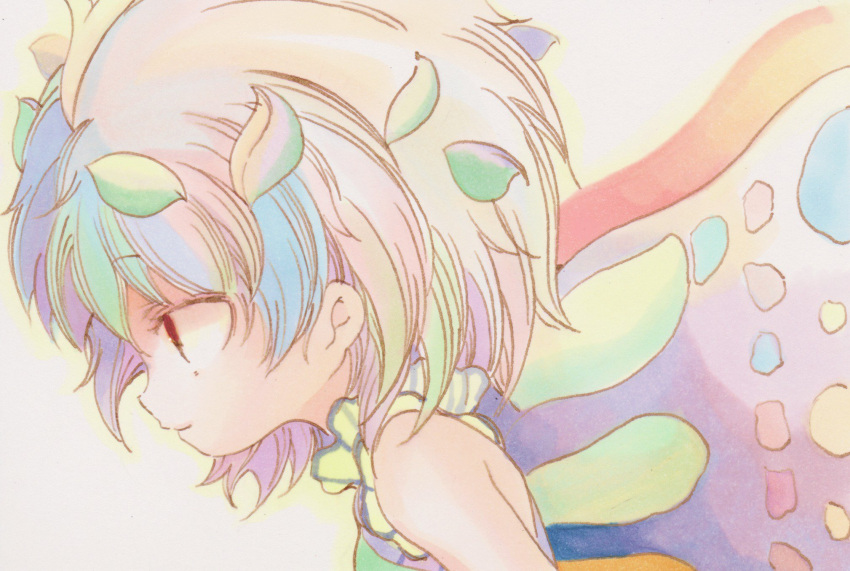 1girl antennae aqua_hair brown_eyes butterfly_wings closed_mouth dress eternity_larva eyebrows_visible_through_hair fairy green_dress hair_between_eyes highres leaf leaf_on_head multicolored_clothes multicolored_dress nishina_masato one-hour_drawing_challenge portrait short_hair short_sleeves solo touhou traditional_media wings