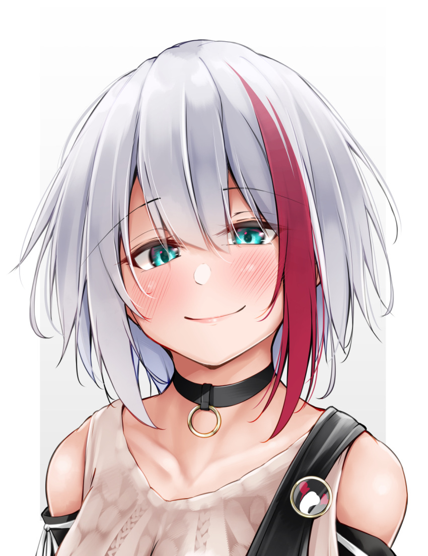 1girl admiral_graf_spee_(azur_lane) admiral_graf_spee_(daily_peaceful_life)_(azur_lane) azur_lane bangs bare_shoulders beige_sweater blue_eyes choker closed_mouth collarbone commentary_request eyebrows_visible_through_hair half-closed_eyes head_tilt highres multicolored_hair oriue_wato redhead sidelocks silver_hair smile solo streaked_hair sweater_vest upper_body