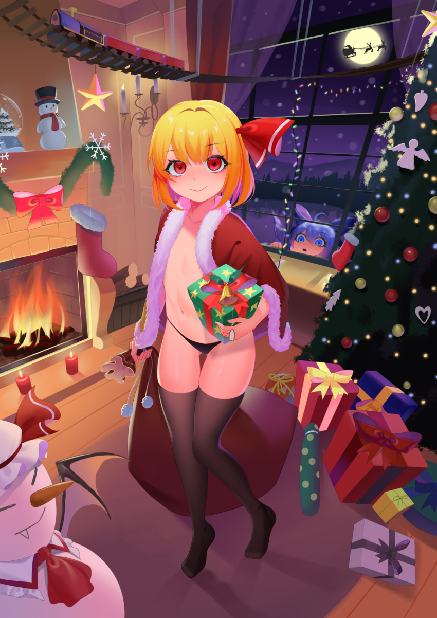 2girls alternate_costume bangs black_legwear black_panties blonde_hair blue_bow blue_eyes blue_hair blush bow christmas christmas_lights christmas_ornaments christmas_present christmas_stocking christmas_tree cirno closed_mouth commentary commission eyebrows_visible_through_hair fire fireplace flat_chest full_body full_moon gift hair_bow hair_ribbon highres holding holding_gift holding_sack indoors looking_at_viewer looking_inside moon multiple_girls night no_bra panties recare red_eyes red_ribbon remilia_scarlet ribbon rumia sack santa_claus santa_costume short_hair smile snow_globe snowing snowman star_(symbol) thigh-highs touhou toy_train underwear window