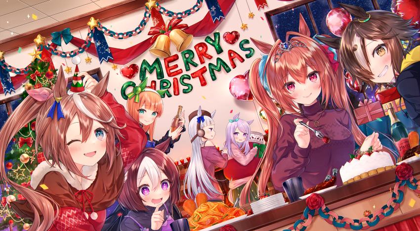 +_+ 6+girls animal_ears balloon bangs bell blush bottle box brown_hair cake capelet carrot chicken_leg christmas christmas_stocking christmas_tree closed_mouth commentary_request confetti cup daiwa_scarlet_(umamusume) drooling fang food fork gift gift_box gold_ship_(umamusume) hair_over_one_eye hairband haruhitooo highres holding holding_bottle holding_fork horse_ears indoors jitome long_hair looking_at_viewer mejiro_mcqueen_(umamusume) merry_christmas mouth_drool multicolored_hair multiple_girls one_eye_closed open_mouth orange_hair paper_chain pasta plate ponytail purple_sweater red_eyes red_sweater short_hair silence_suzuka_(umamusume) skin_fang smile spaghetti special_week_(umamusume) streaked_hair sweater teeth tiara tokai_teio_(umamusume) tongue tongue_out turtleneck turtleneck_sweater twintails two-tone_hair umamusume violet_eyes vodka_(umamusume) window wine_bottle yellow_eyes