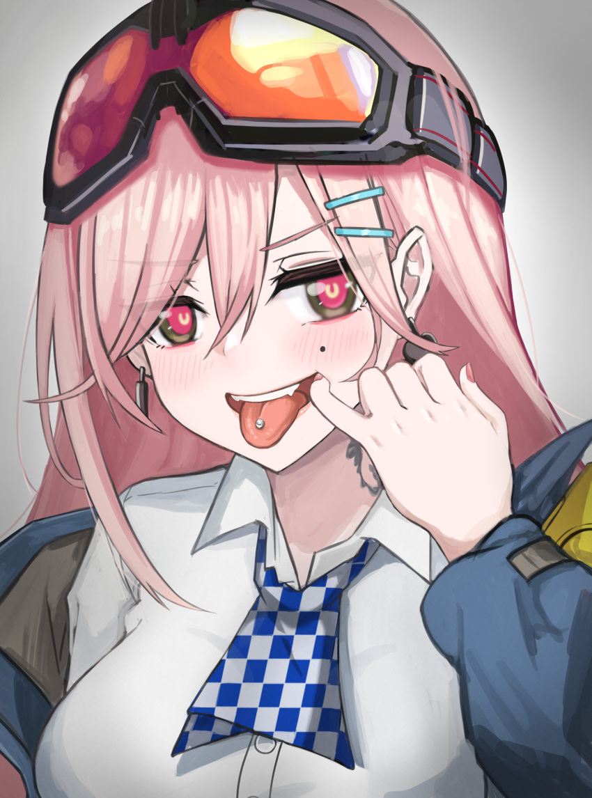 1girl bangs blue_jacket blush earrings eyebrows_visible_through_hair eyewear_on_head finger_to_mouth girls_frontline hair_between_eyes hair_ornament hairclip heart heart_earrings highres jacket jewelry koenza_botoke long_hair looking_at_viewer mole mole_under_eye nail_polish neck_tattoo open_clothes open_jacket open_mouth piercing pink_eyes pink_hair pink_nails safety_glasses shirt sig_mcx_(girls'_frontline) solo_focus tattoo tongue tongue_out tongue_piercing upper_body white_background white_shirt