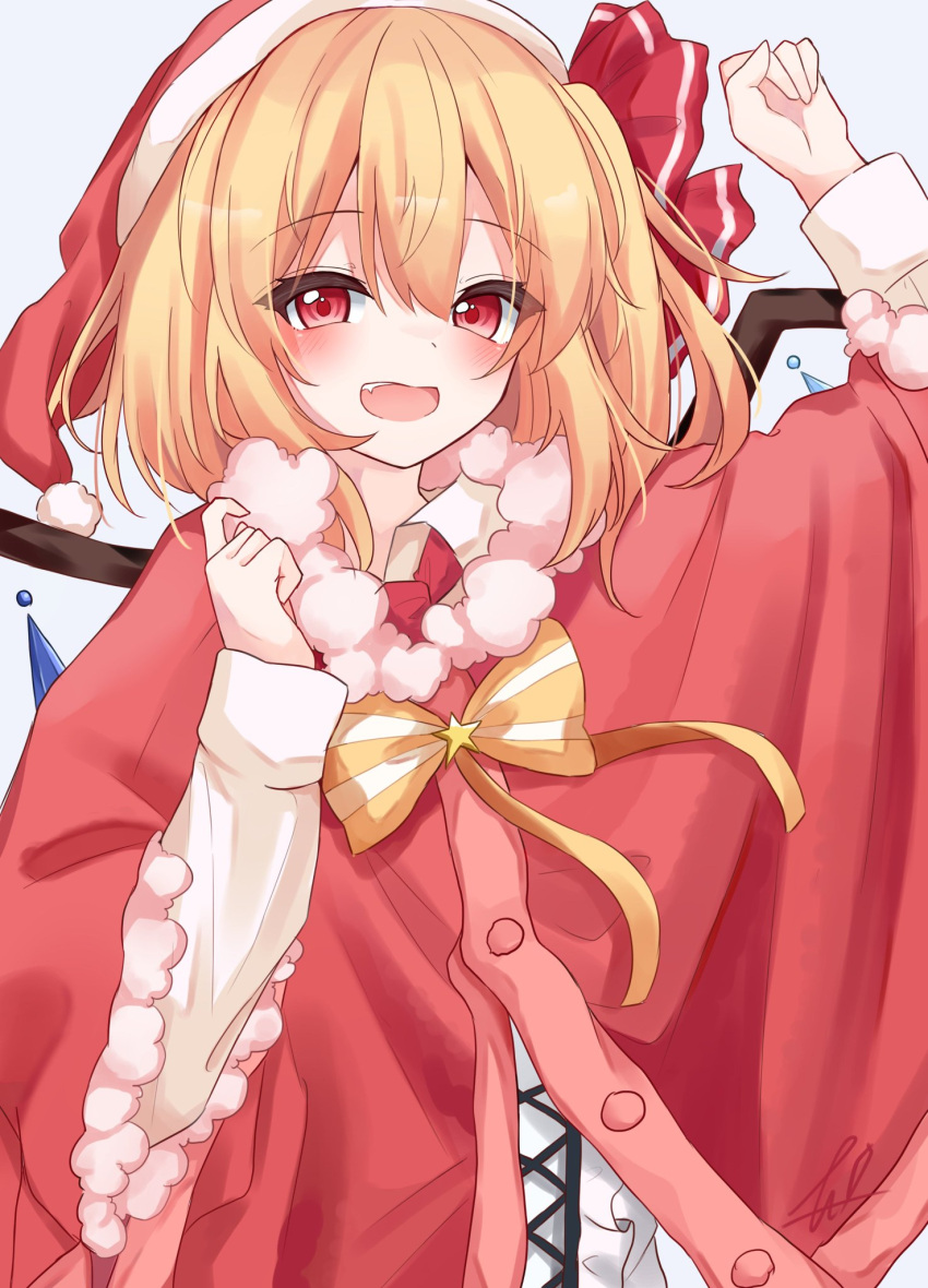 1girl :d bangs blonde_hair bow bowtie christmas crystal english_commentary eyebrows_visible_through_hair flandre_scarlet grey_background hat highres korira long_sleeves looking_at_viewer open_mouth red_eyes red_headwear red_ribbon ribbon santa_costume santa_hat short_hair simple_background smile solo striped striped_bow striped_bowtie touhou upper_body wings