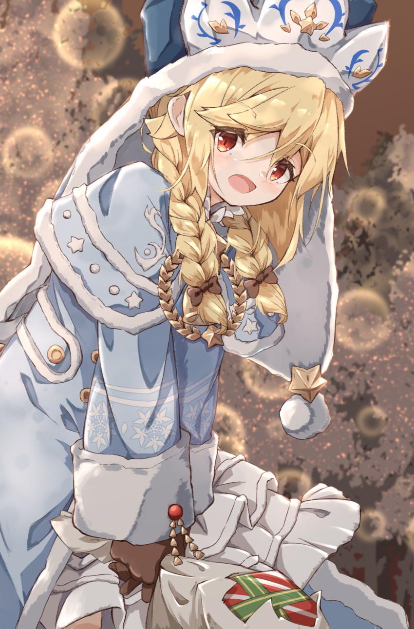 1girl absurdres bangs blonde_hair blue_coat blue_headwear bow braid brown_bow brown_gloves christmas coat commentary_request dress eyebrows_visible_through_hair fur-trimmed_jacket fur_trim girls_frontline gloves hair_between_eyes hair_bow hat highres holding holding_sack jacket long_hair long_sleeves looking_at_viewer low_twintails matsuo_(matuonoie) nagant_revolver_(girls'_frontline) red_eyes sack solo twin_braids twintails white_dress