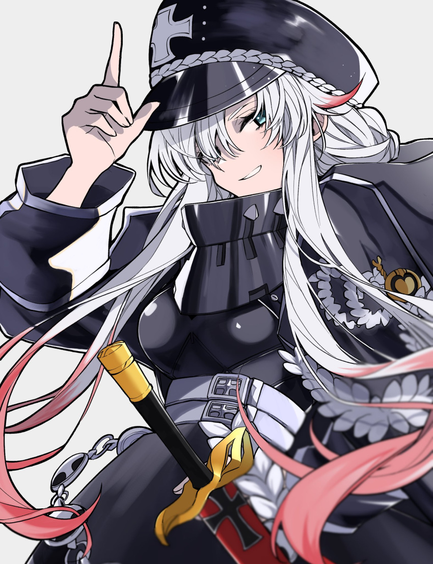 1girl azur_lane bangs black_coat black_headwear blue_eyes blush breasts coat commission cross grey_background hair_over_one_eye hat highres index_finger_raised iron_cross large_breasts long_hair long_sleeves looking_at_viewer multicolored_hair odin_(azur_lane) open_clothes open_coat parted_lips peaked_cap redhead salty_(sio_to_sato) sheath sheathed sidelocks simple_background skeb_commission solo streaked_hair sword upper_body weapon white_hair