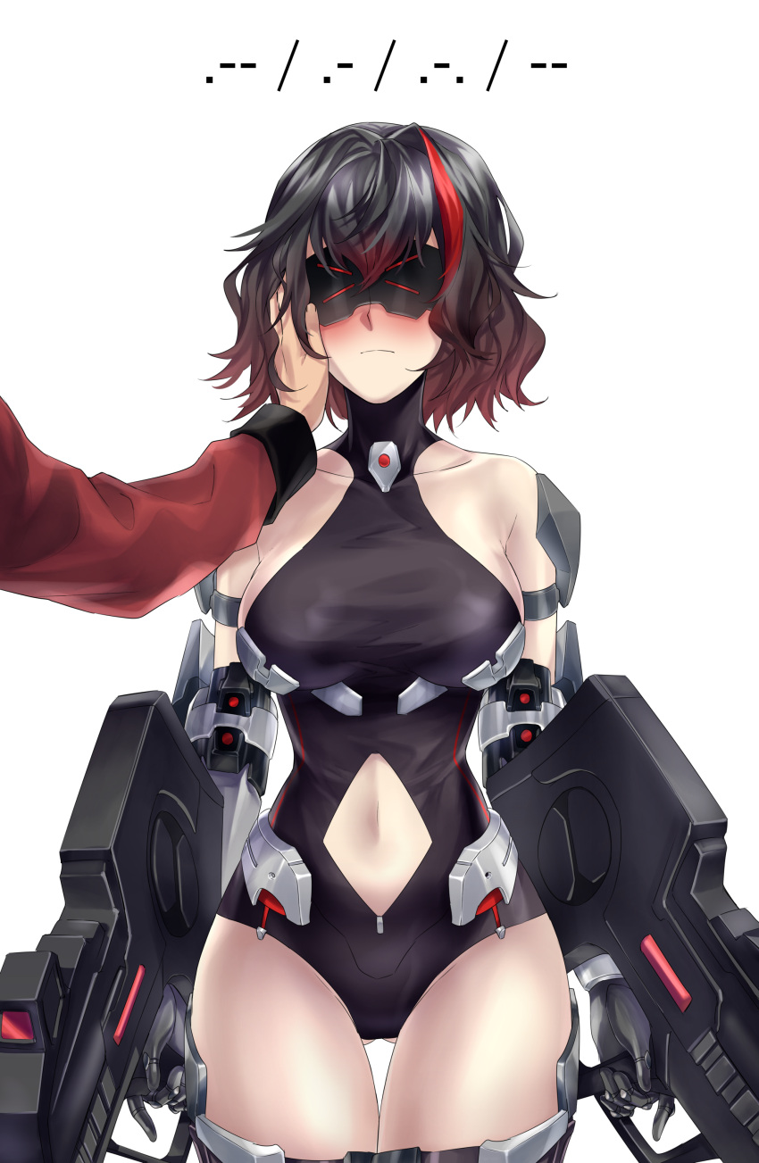 1boy 1girl absurdres bare_shoulders black_hair blush breasts clothing_cutout collarbone commander_(girls'_frontline) commentary commission cowboy_shot dual_wielding english_commentary girls_frontline gloves gradient_hair gun hand_on_another's_face head-mounted_display highres holding holding_gun holding_weapon large_breasts leotard morse_code multicolored_hair navel navel_cutout out_of_frame pixiv_request redhead ripper_swap_(girls'_frontline) sangvis_ferri short_hair simple_background streaked_hair suprii thighs weapon white_background