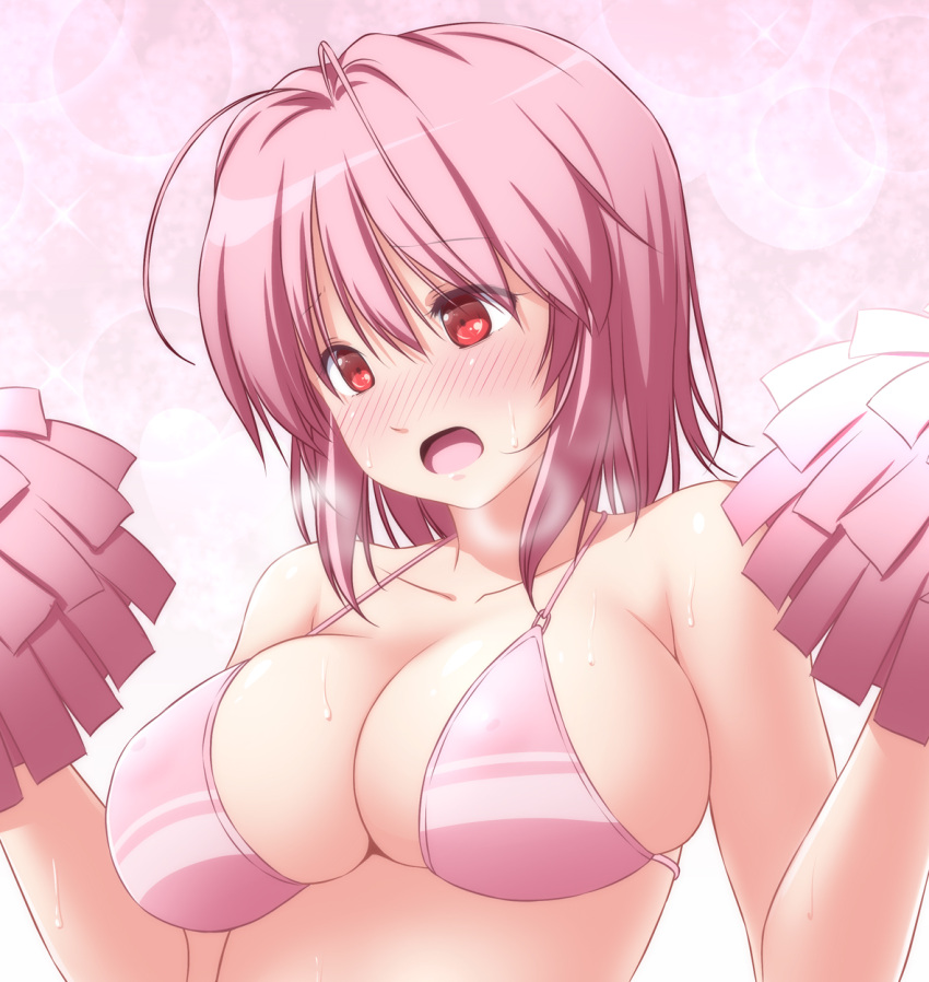 1girl bangs bare_arms bare_shoulders bikini blush breasts collarbone commentary commission eyebrows_visible_through_hair hair_between_eyes heavy_breathing highres large_breasts looking_away nori_tamago nose_blush open_mouth pink_bikini pink_hair pom_pom_(cheerleading) red_eyes saigyouji_yuyuko short_hair skeb_commission solo sweat swimsuit touhou upper_body