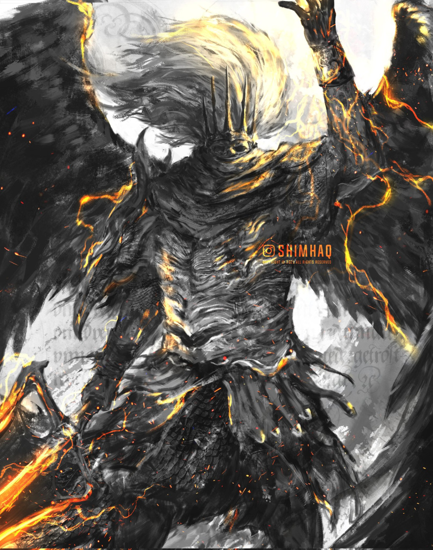 1boy armor commentary cowboy_shot crown dark_souls_(series) electricity embers english_commentary faulds full_armor hand_up highres holding holding_weapon looking_at_viewer male_focus nameless_king polearm shimhaq solo spread_wings standing trident weapon white_hair wings