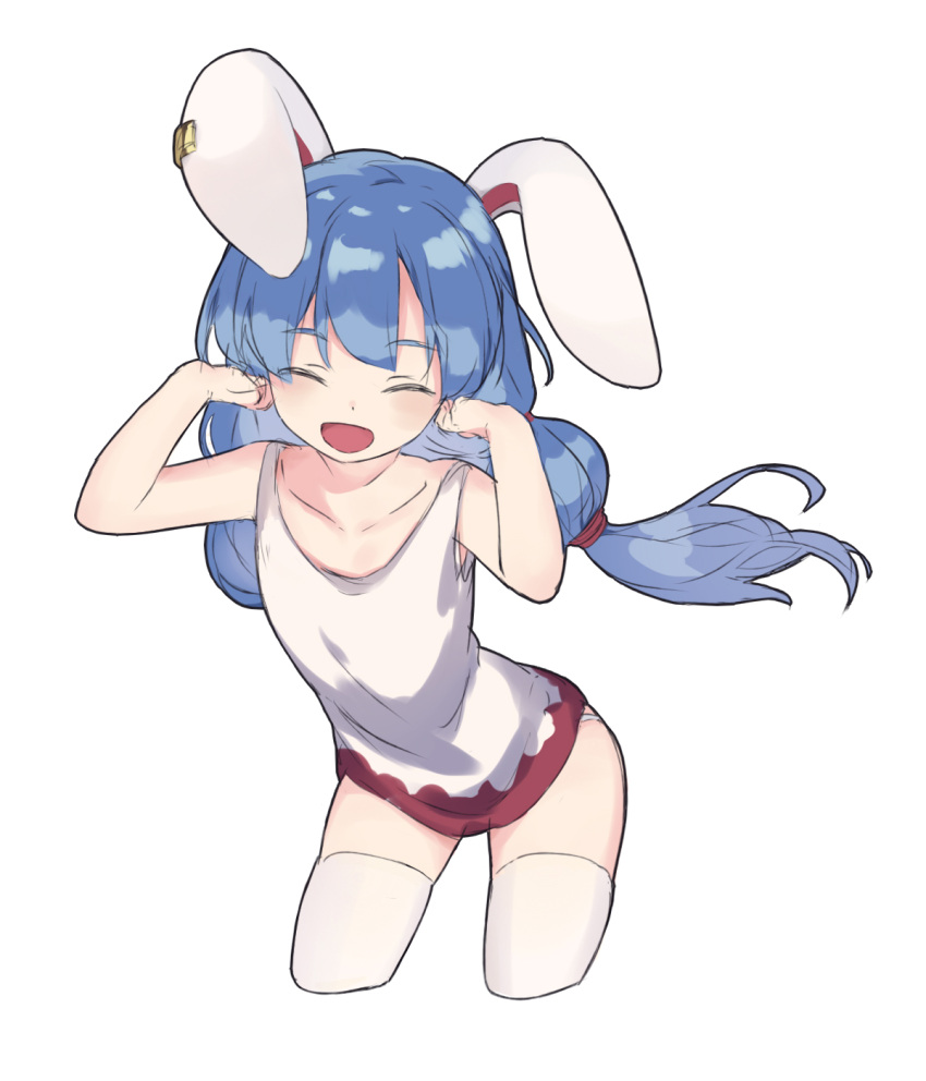1girl :d animal_ears arms_up bangs blue_eyes blue_hair breasts closed_eyes contrapposto earrings highres jewelry long_hair rabbit_ears rabbit_girl red_shorts seiran_(touhou) shayuheisi shirt shorts simple_background sleeveless sleeveless_shirt small_breasts smile solo thigh-highs touhou white_background white_shirt