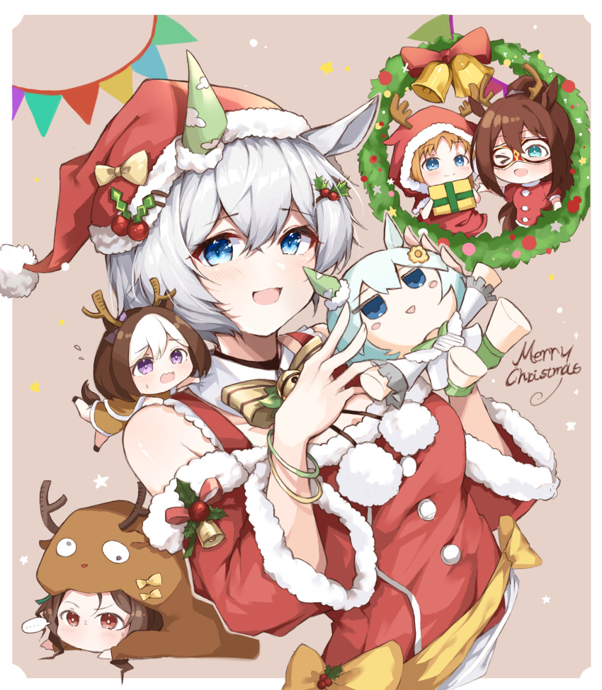 &gt;_o ... 5girls absurdres animal_costume animal_ears bangs bell blue_eyes blush box bracelet brown_hair character_doll chibi christmas cropped_torso detached_sleeves domino_mask ear_covers el_condor_pasa_(umamusume) fake_antlers flying_sweatdrops gift gift_box grass_wonder_(umamusume) greyscale hair_ornament hairclip hat highres holly holly_hair_ornament horse_ears horse_girl horse_tail jewelry jingle_bell king_halo_(umamusume) looking_at_viewer mask merry_christmas misoni_(mi_so_ni_t) monochrome multiple_girls one_eye_closed open_mouth reindeer_costume santa_costume seiun_sky_(umamusume) short_hair smile special_week_(umamusume) spoken_ellipsis tail umamusume upper_body wreath