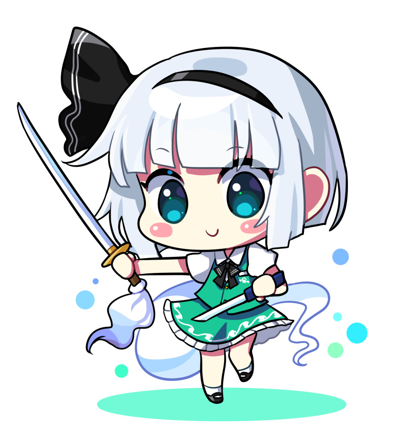 1girl absurdres bangs black_footwear black_hairband black_neckwear blue_eyes blush_stickers bob_cut bow bowtie chibi closed_mouth collared_shirt dual_wielding full_body green_skirt green_vest hairband highres hitodama_print holding holding_sword holding_weapon katana konpaku_youmu offbeat shirt shoes short_hair short_sleeves silver_hair skirt skirt_set smile socks solo sword touhou vest wakizashi weapon white_hair white_legwear white_shirt