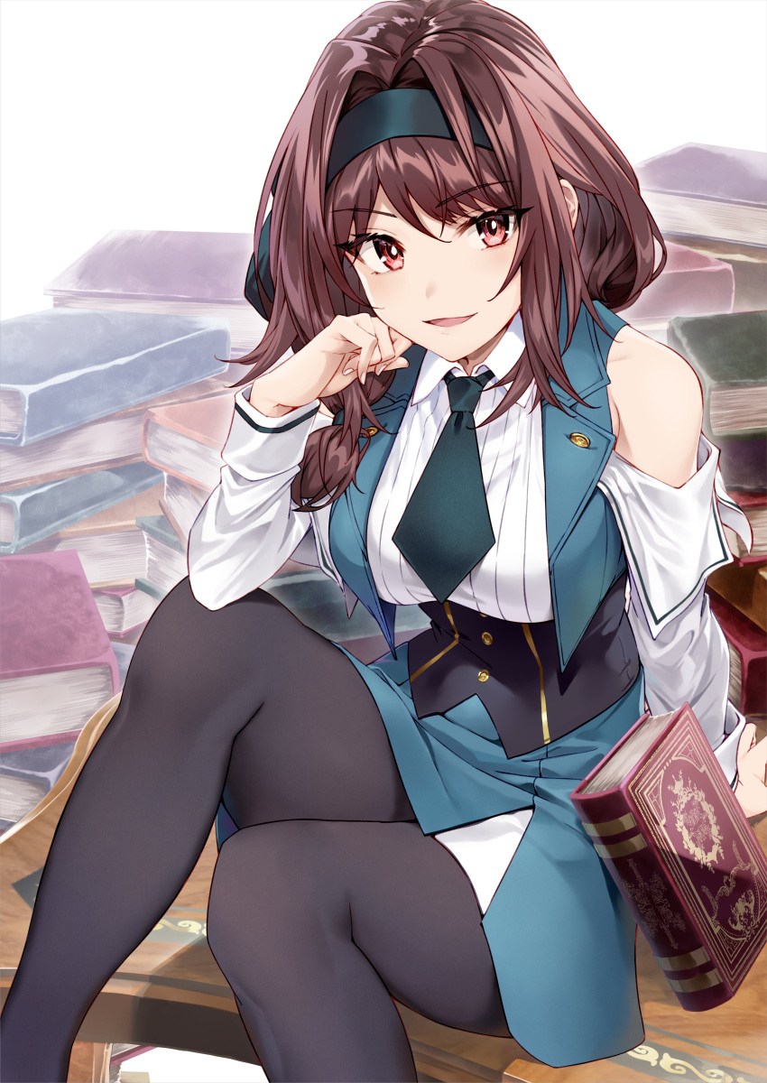 1girl absurdres bare_shoulders book breasts brown_eyes brown_hair commentary_request eyebrows_visible_through_hair feet_out_of_frame hair_between_eyes highres long_sleeves looking_at_viewer medium_breasts necktie open_mouth original pantyhose shunichi sitting skirt solo tongue