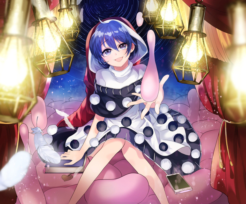 1girl :d bangs black_capelet black_dress blob blue_eyes blue_hair book breasts capelet commentary_request doremy_sweet dream_soul dream_world_(touhou) dress feathers feet_out_of_frame hair_over_one_eye half-closed_eyes hat head_rest highres holding katayama_kei light_bulb looking_at_viewer nightcap off_shoulder open_mouth pom_pom_(clothes) red_curtain red_headwear short_dress short_hair short_sleeves sitting small_breasts smile smug solo sparkle tail tapir_tail thighs touhou