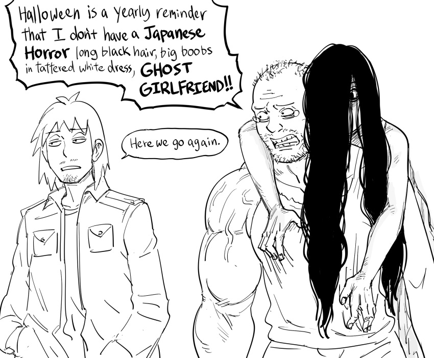 1girl 2boys bb_(baalbuddy) commentary coomer english_commentary english_text facial_hair greyscale highres jacket long_hair monochrome multiple_boys muscular original shirt simple_background stubble tears the_ring very_long_hair white_background wide-eyed yamamura_sadako