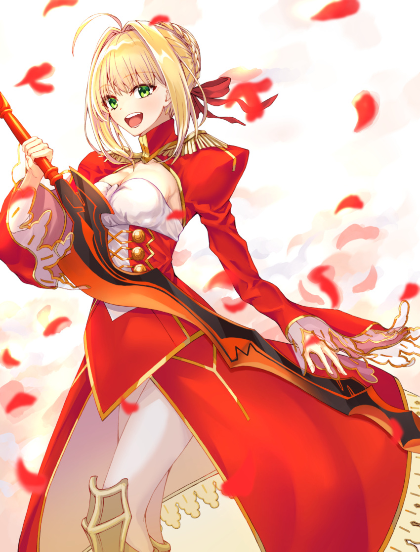 1girl aestus_estus ahoge blonde_hair braid breasts cleavage commentary_request dress epaulettes fate/extra fate_(series) french_braid green_eyes hair_intakes hair_ribbon juliet_sleeves large_breasts long_sleeves nero_claudius_(fate) nero_claudius_(fate)_(all) open_mouth puffy_sleeves red_dress red_ribbon ribbon saber_extra see-through solo sword weapon wide_sleeves yu_sa1126
