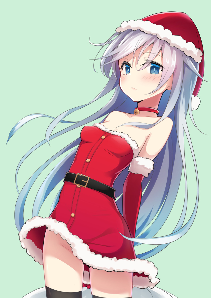 1girl absurdres alternate_costume arms_behind_back bangs bell black_legwear blue_eyes blush breasts choker christmas closed_mouth dress elbow_gloves fur-trimmed_dress fur-trimmed_gloves fur_trim gloves green_background hat hibiki_(kancolle) highres holding holding_sack kantai_collection long_hair myht neck_bell no_panties red_choker red_dress red_gloves sack santa_costume santa_hat silver_hair simple_background small_breasts solo strapless strapless_dress thigh-highs very_long_hair