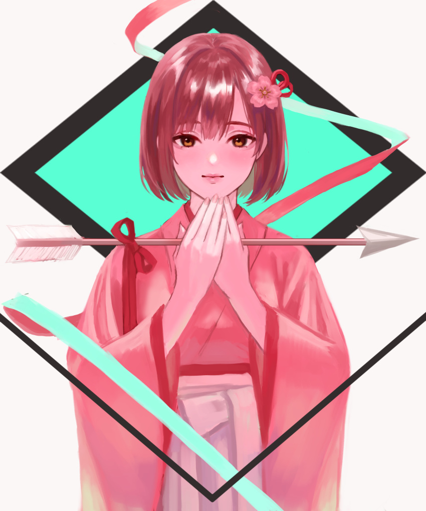 1girl absurdres aqua_ribbon arrow_(projectile) axis_powers_hetalia bangs bob_cut brown_eyes brown_hair cherry_blossoms fingernails flower genderswap genderswap_(mtf) hair_flower hair_ornament hakama hands_up highres holding holding_arrow japan_(hetalia) japanese_clothes looking_at_viewer meiji_schoolgirl_uniform orange_eyes own_hands_together pink_hakama pink_ribbon red_ribbon ribbon short_hair smile solo straight-on two-sided_fabric upper_body usasuzu w_arms white_background