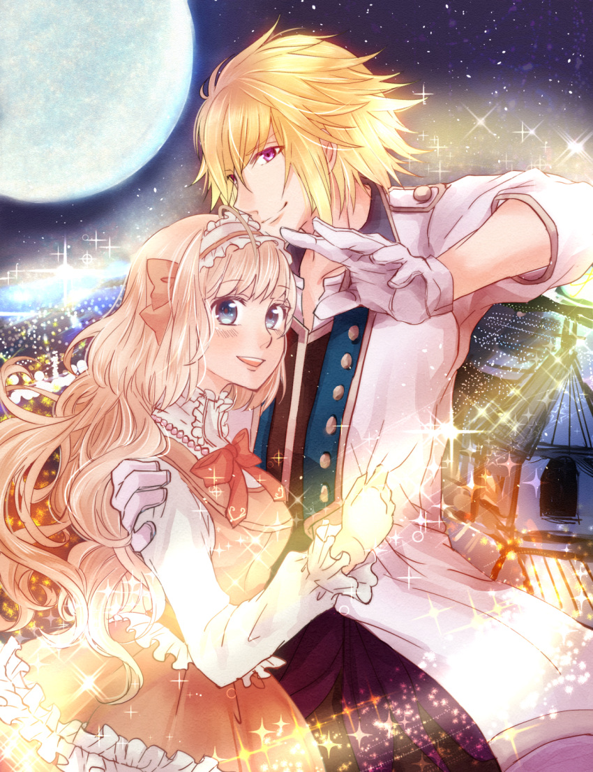1boy 1girl ashu_(ashnism) blonde_hair blue_eyes blush bow city closed_mouth dress eikoku_tantei_mysteria emily_whiteley eyebrows_visible_through_hair formal gloves hair_bow hair_ornament hand_on_another's_shoulder headdress highres hug jean_lupin jewelry moon necklace open_mouth pearl_necklace pink_dress red_bow sky smile star_(sky) starry_sky suit violet_eyes white_gloves