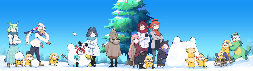 6+girls :d :x absurdres alternate_costume animal_ears beanie bird_hood black_gloves blonde_hair blue_eyes blue_hair blue_sky blush bow brown_hair ceres_fauna christmas christmas_tree clear_sky coat coat_on_shoulders dark-skinned_female dark_skin day dinosaur_costume fake_facial_hair fake_mustache flower from_behind gawr_gura gloves green_hair hair_flower hair_intakes hair_ornament hakos_baelz hand_in_pocket hat heterochromia highres hololive hololive_english hood hood_down horns irys_(hololive) long_sleeves mole mole_under_eye monocle_hair_ornament mori_calliope motion_blur mouse_ears mouse_girl mouse_tail multiple_girls nanashi_mumei ninomae_ina'nis ouro_kronii outdoors pink_eyes pink_hair pointy_ears redhead ribbed_sweater scarf sharp_teeth sitting sky sled sledding smile smol_ame snow snowball standing sweater tail tail_bow tail_ornament takanashi_kiara tako_(ninomae_ina'nis) teeth tentacle_hair throwing thumbs_up traffic_baton tsukumo_sana violet_eyes virtual_youtuber watson_amelia white_hair yellow_eyes zaniaii